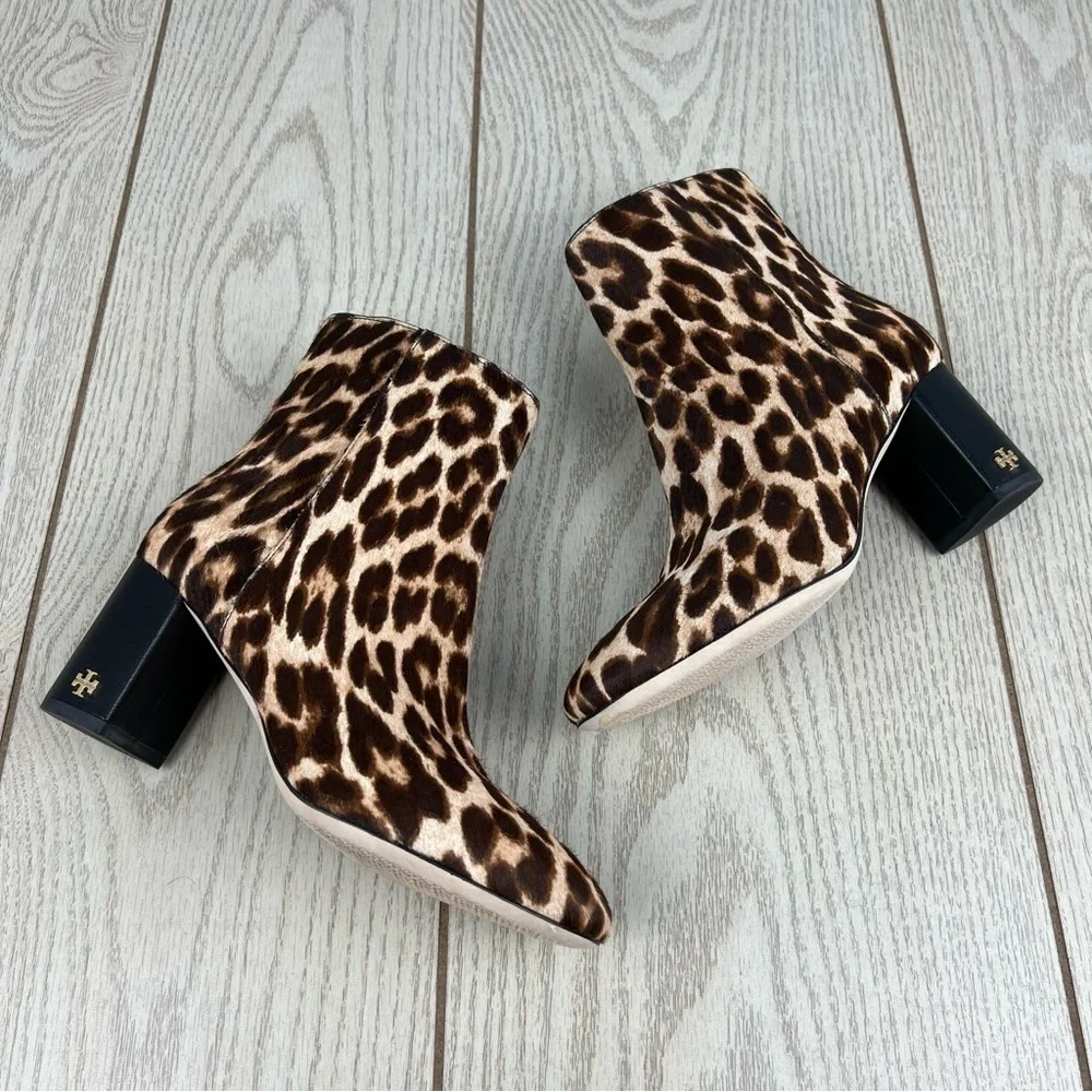 Tory Burch Brooke Leopard Calf Hair Ankle Heeled Booties 6 Brown/Tan/Black $398